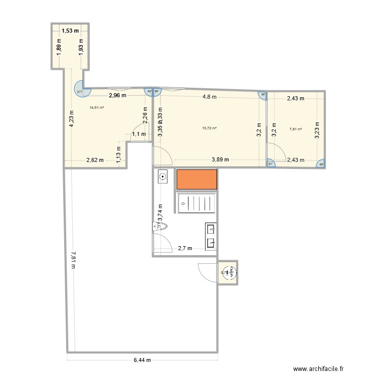 RDC nOUVEAU. Plan de 4 pièces et 39 m2