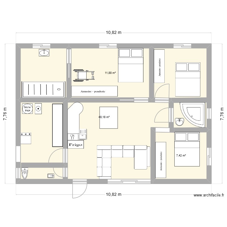 PLAN 2 AVEC MURS. Plan de 3 pièces et 67 m2
