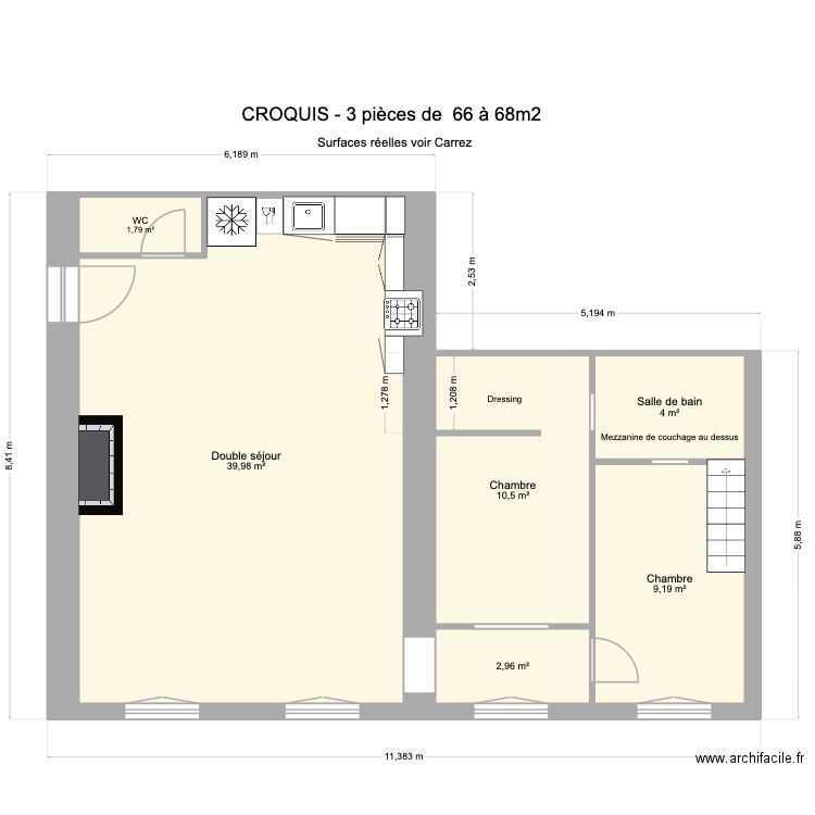 103 FSD. Plan de 6 pièces et 68 m2