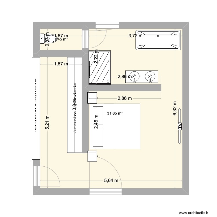 suite parentale vrai hypothese 3. Plan de 2 pièces et 33 m2