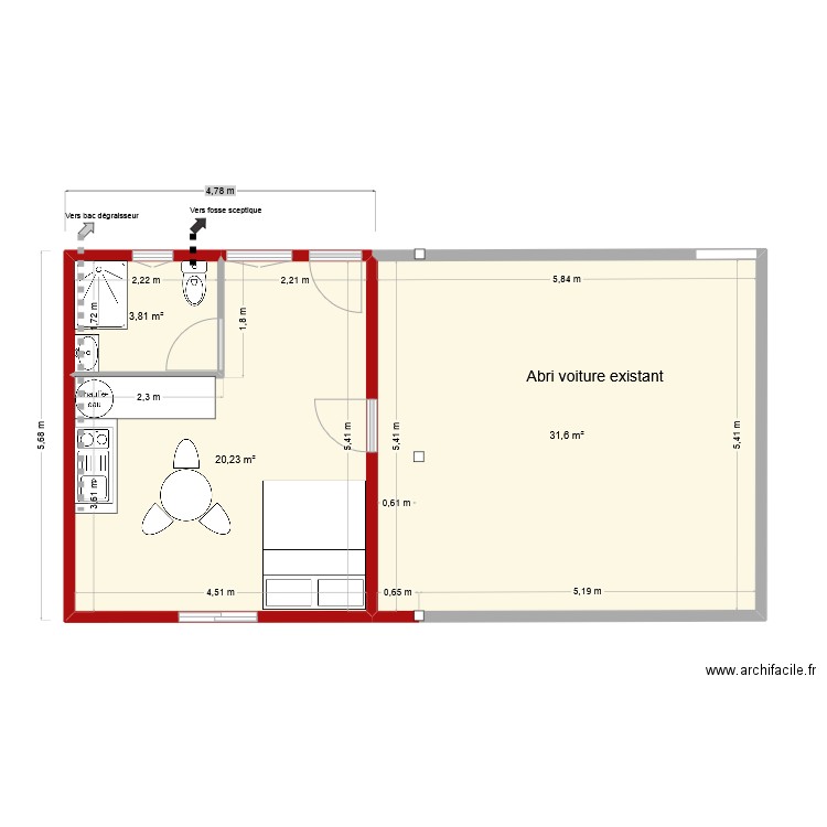 extension Camen atelier aménagement. Plan de 3 pièces et 56 m2