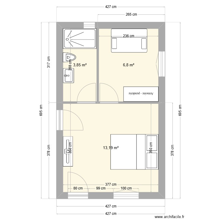 POVO 1. Plan de 3 pièces et 24 m2