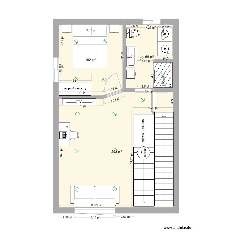 Sous sol. Plan de 3 pièces et 43 m2