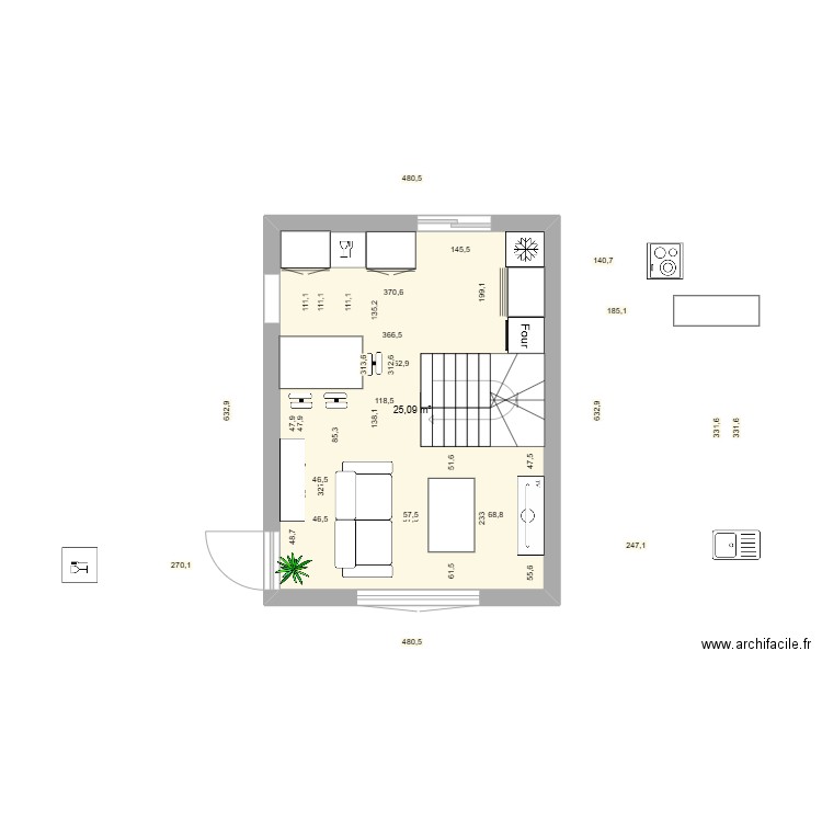 rez de chaussee. Plan de 1 pièce et 25 m2