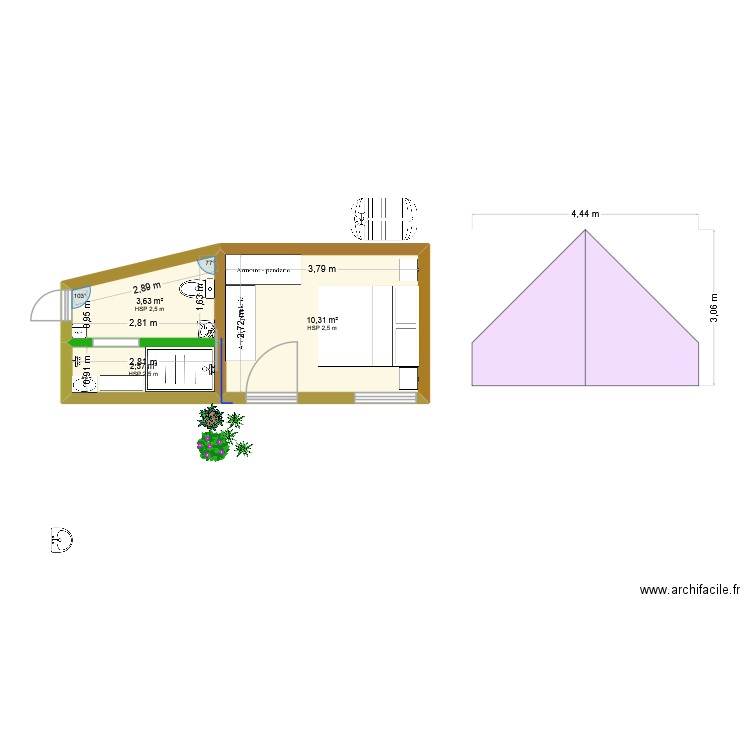 Salle de bains. Plan de 3 pièces et 17 m2