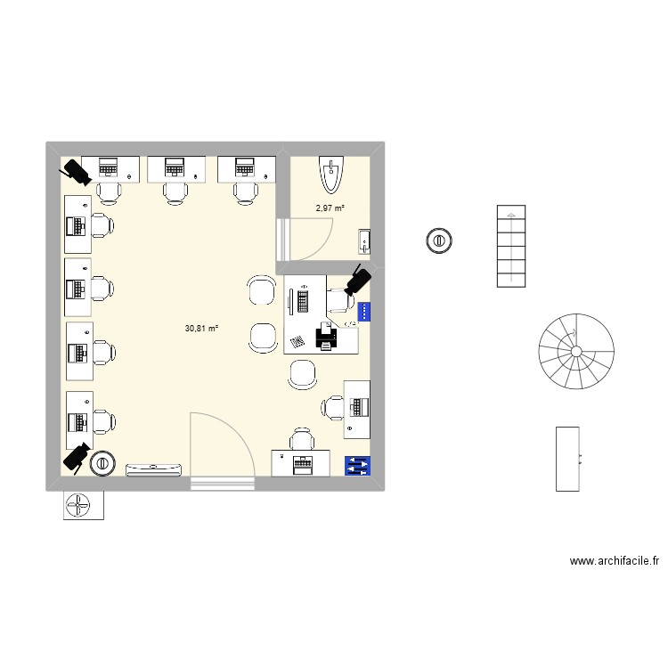 cyber  café. Plan de 2 pièces et 34 m2