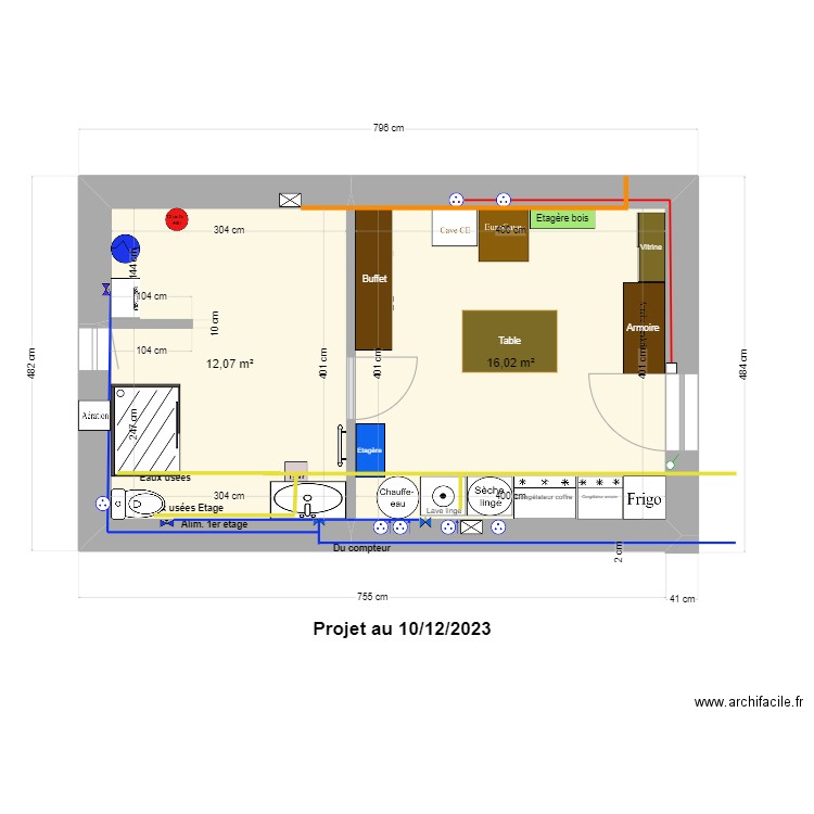 Cellier 2023 vide. Plan de 2 pièces et 28 m2