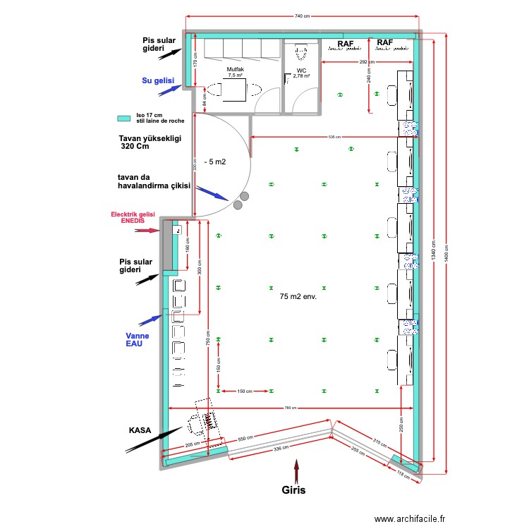 Salon Coiffure Bondy 5 tezga. Plan de 3 pièces et 101 m2