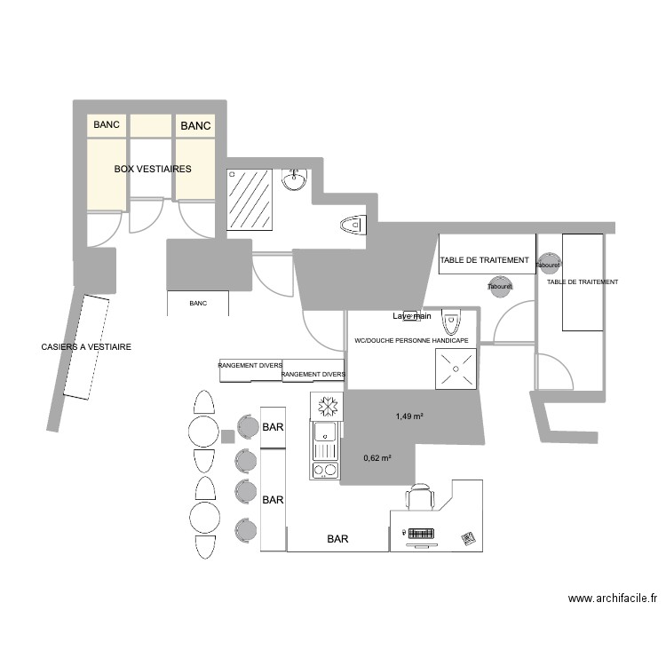 vestiaire bar reception. Plan de 8 pièces et 8 m2