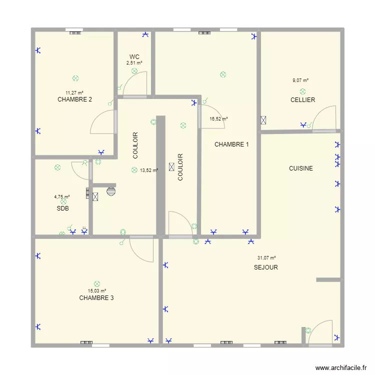 TILLIER - appart. Haut - Couloir, WC, Chambre 2. Plan de 