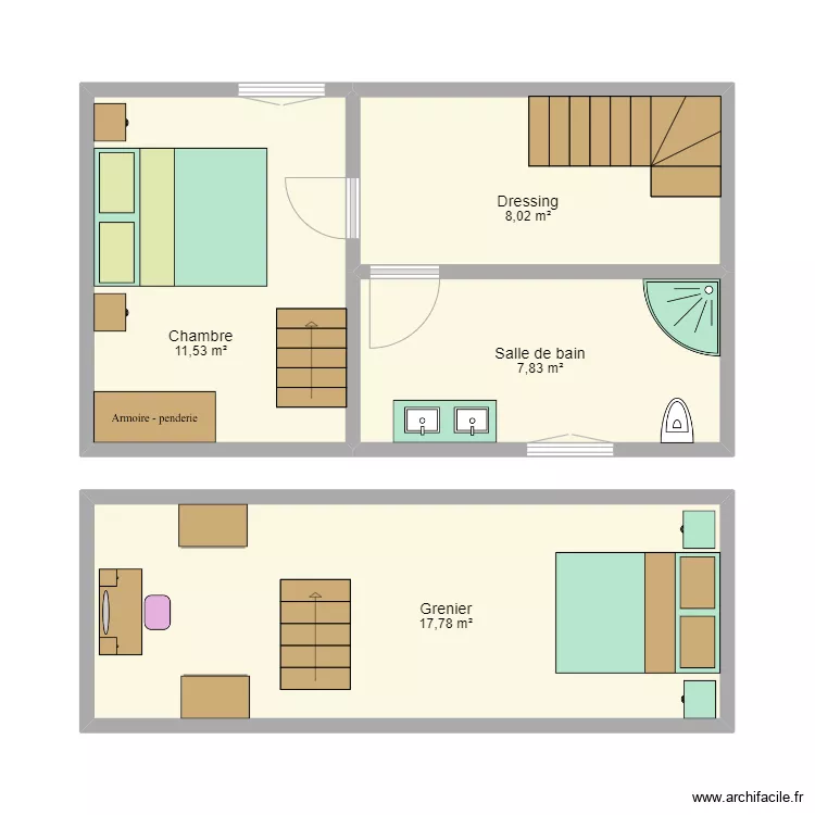 Petite maison &eacute;tages avec meubles. Plan de 