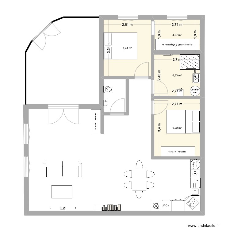 Appart angle. Plan de 4 pièces et 30 m2
