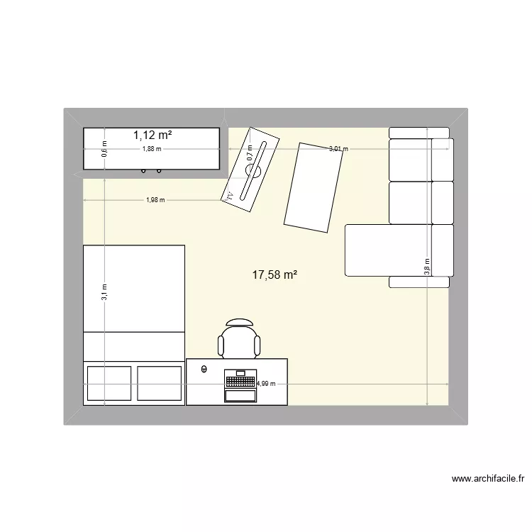 Chambre 1. Plan de 2 pièces et 19 m²