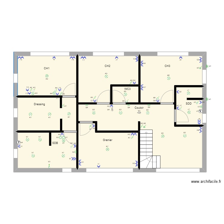 Jen et Simon +1. Plan de 9 pièces et 81 m2