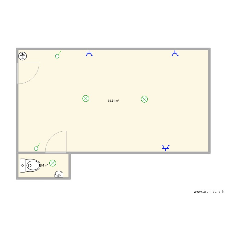 Sous sol Francis. Plan de 2 pièces et 68 m2