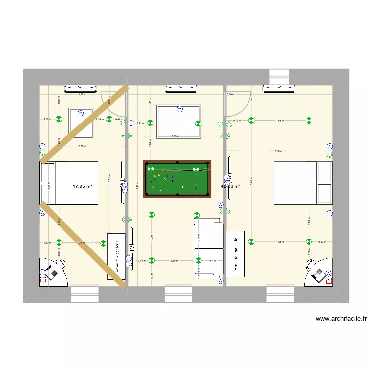 R+4 3eme appartement. Plan de 2 pièces et 60 m²