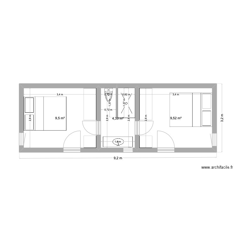 chambres yeu. Plan de 3 pièces et 23 m2