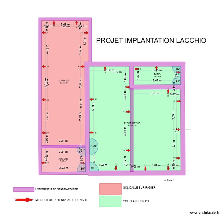 implantation lacchio. Plan de 4 pièces et 86 m2