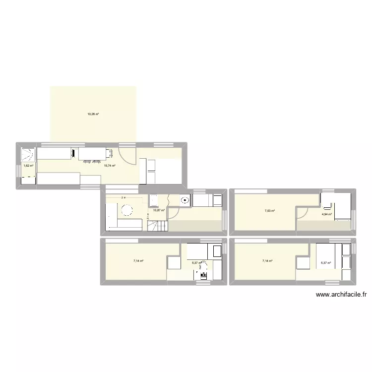 extension 1 (parall&egrave;le derri&egrave;re). Plan de 10  et 76 m²