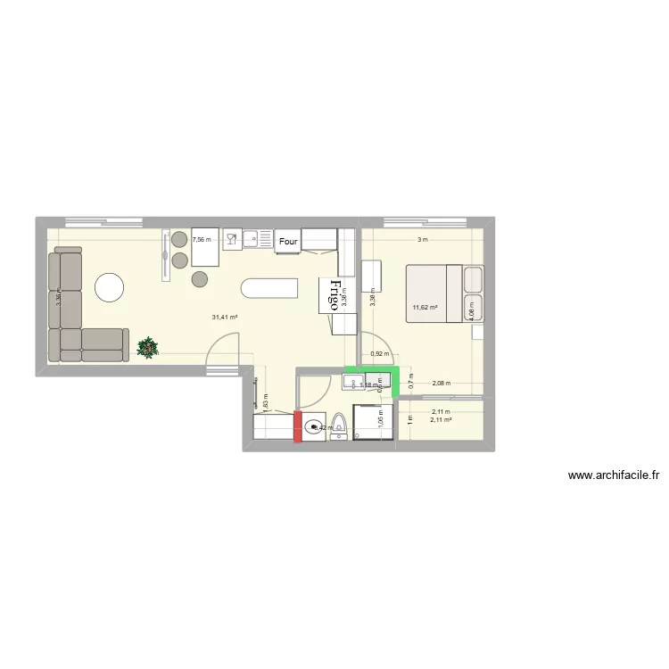 Studio SG 2. Plan de 3 Pièces et 45 m² Studio SG 2. Plan de 3 Pièces et 45 m²