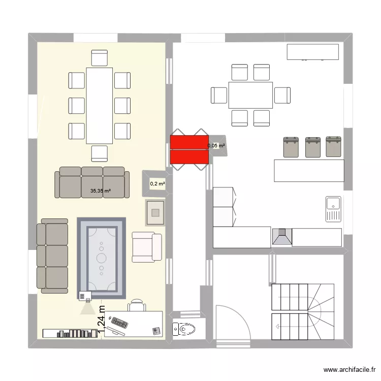 plan scenario 2 - 1 grand s&eacute;jour et 1 grande cuisine. Plan de 3  et 36 m²