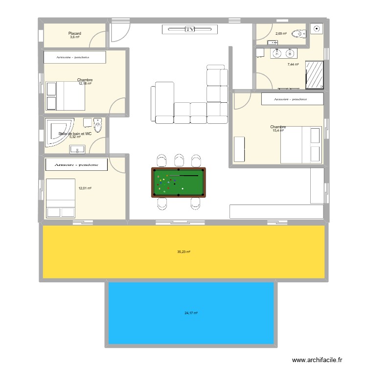 RDC2. Plan de 6 pièces et 55 m2