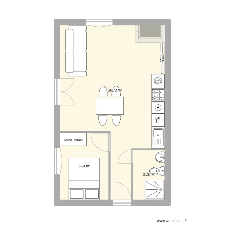 T2 la rochette. Plan de 2 pièces et 33 m2