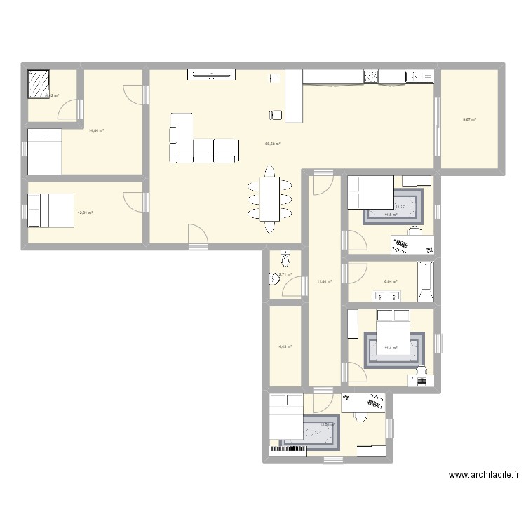 Coloc Story. Plan de 12 pièces et 168 m2