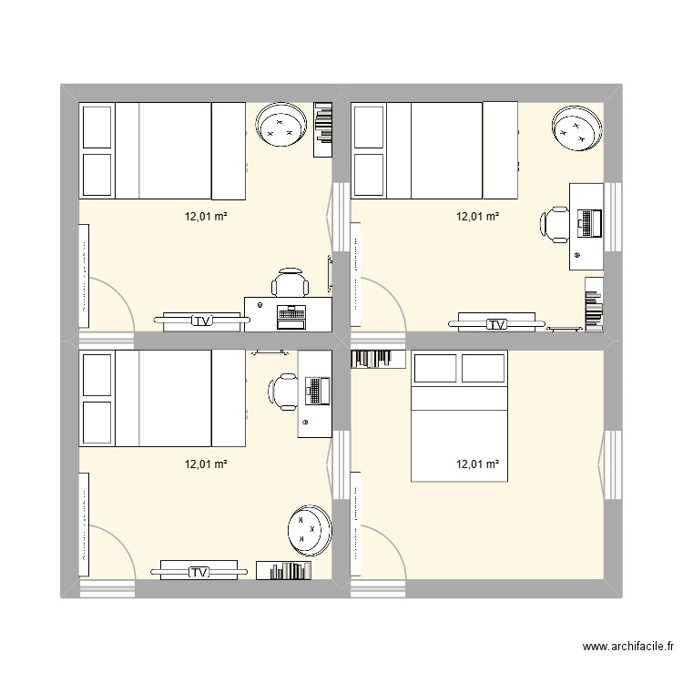 chambre. Plan de 4 pièces et 48 m2