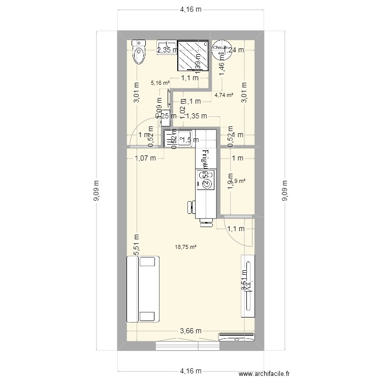 studio. Plan de 4 pièces et 31 m2