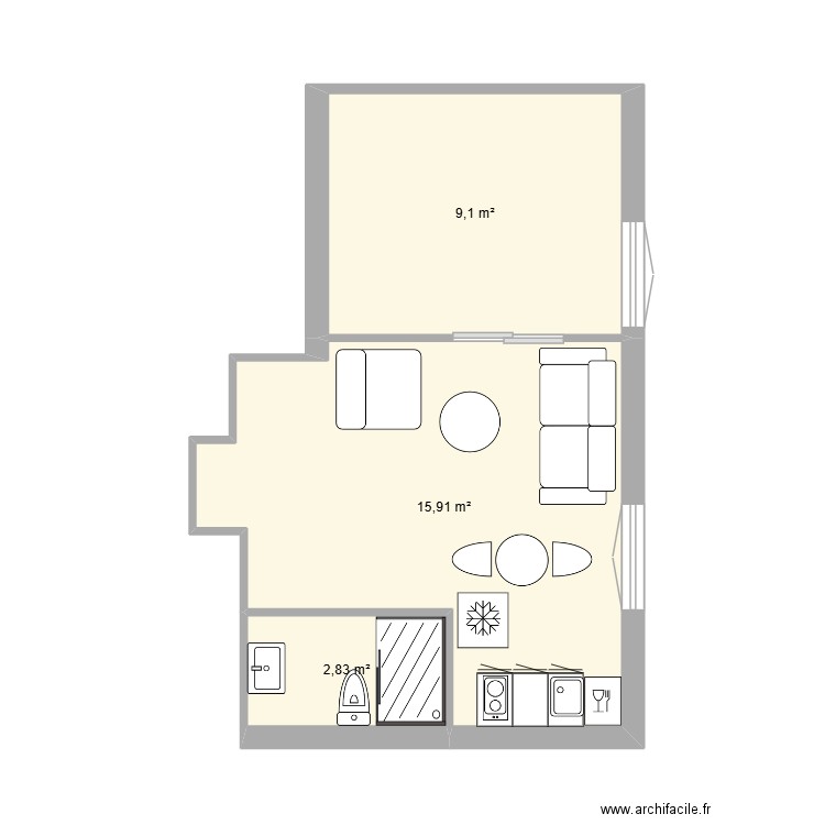 Lebel21. Plan de 3 pièces et 28 m2