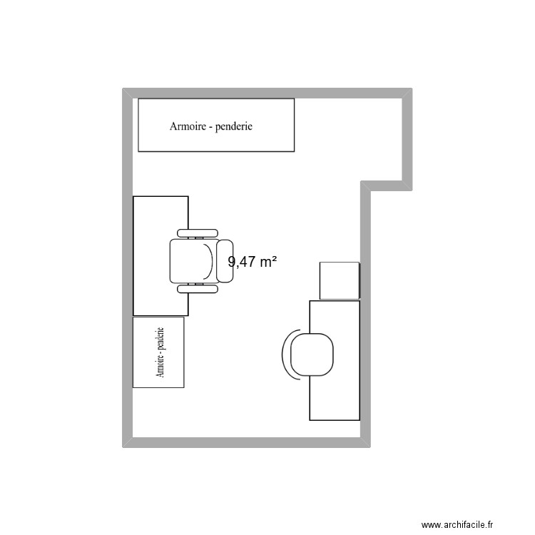 chambre-bureau. Plan de 1 pièce et 9 m2