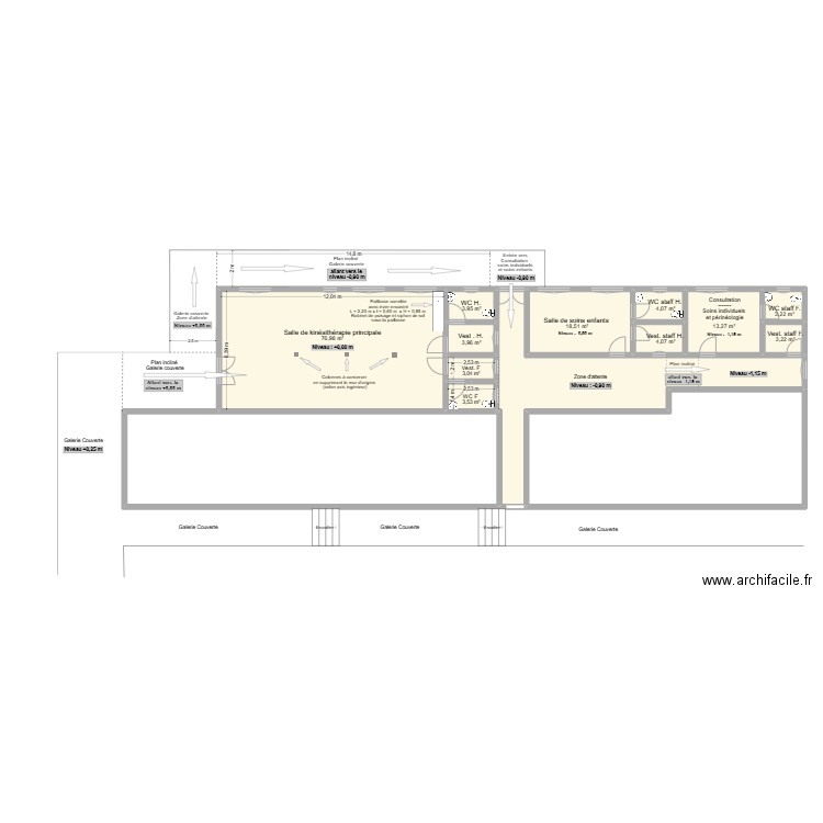 Hôpital  de Kiremba - Bâtiment transformé  pour service kiné. Plan de 14 pièces et 368 m2