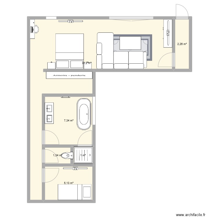 suite 3. Plan de 6 pièces et 48 m2