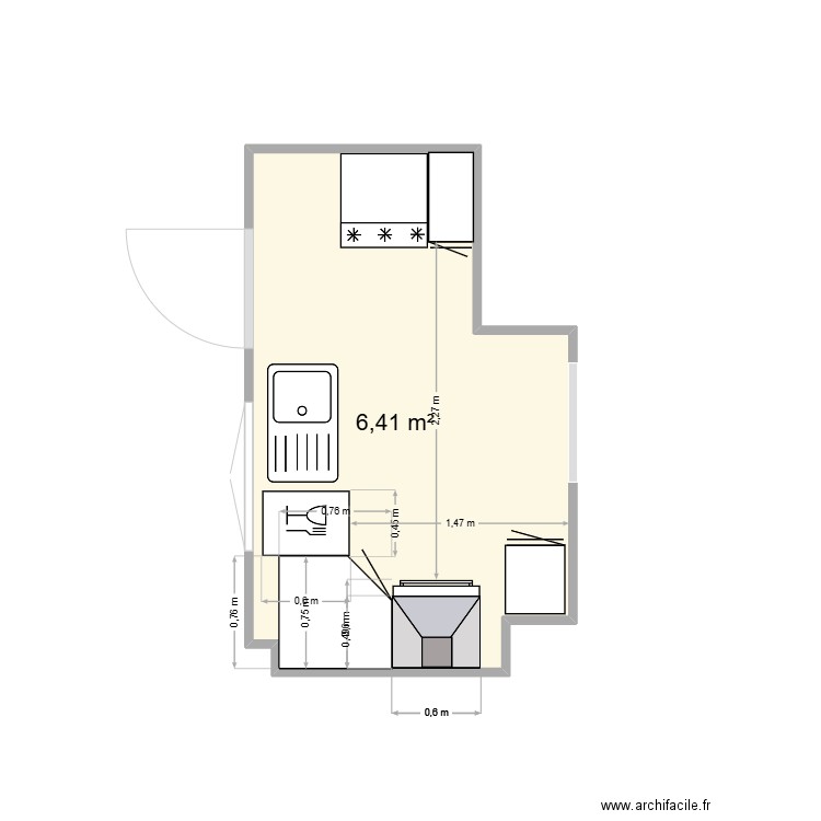 cuis. Plan de 1 pièce et 6 m2