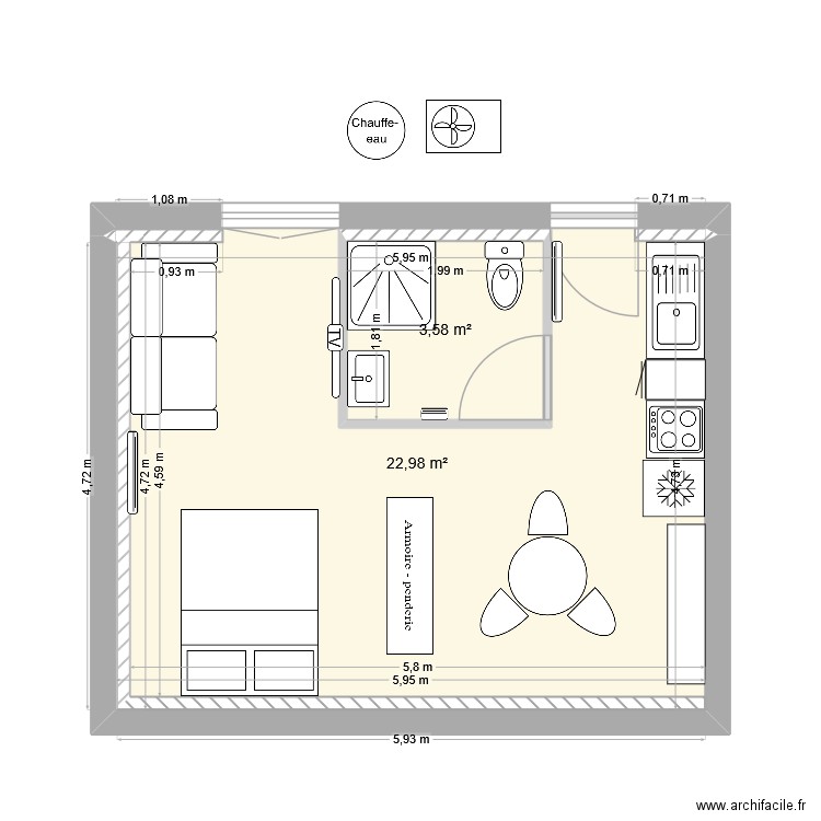 Chambre saisonnier. Plan de 2 pièces et 31 m2