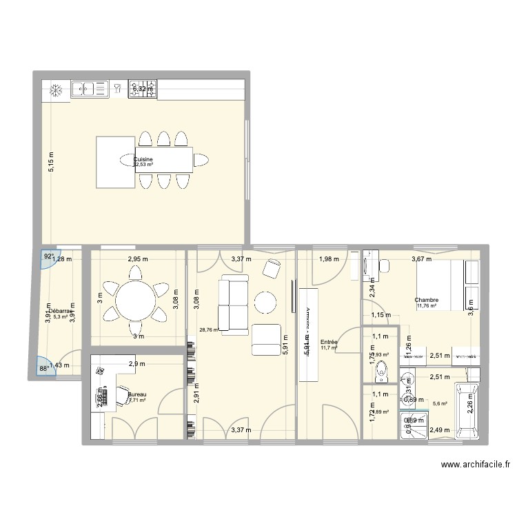 RDC_Raray_Extension jardin. Plan de 9 pièces et 107 m2