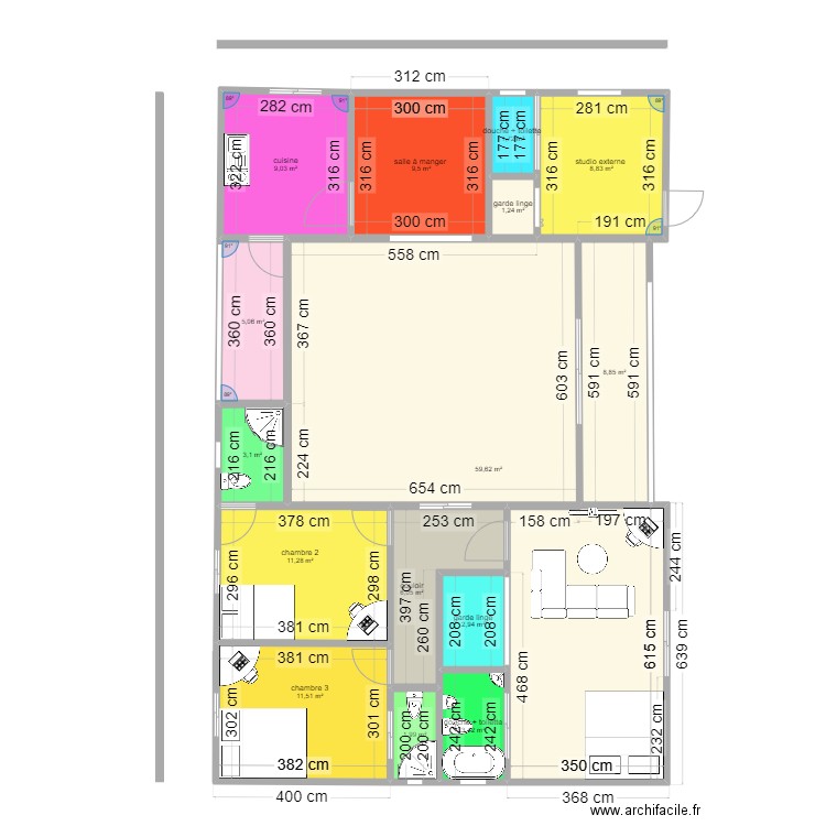 moi. Plan de 15 pièces et 109 m2