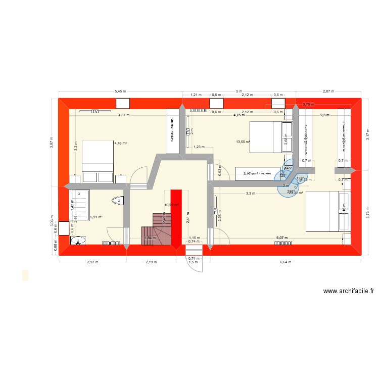 plan etage cesny avec cotation. Plan de 5 pièces et 68 m2