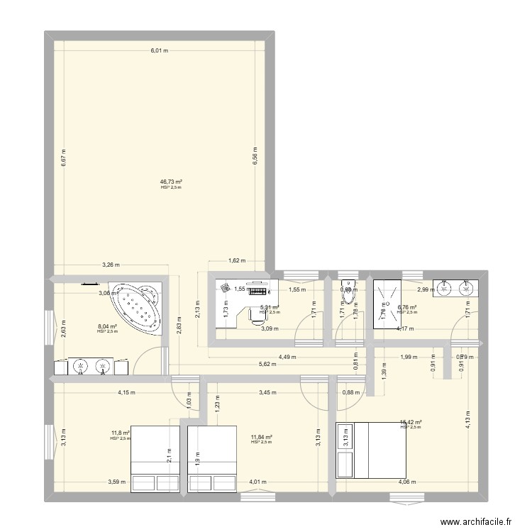 Plan L2. Plan de 7 pièces et 106 m2