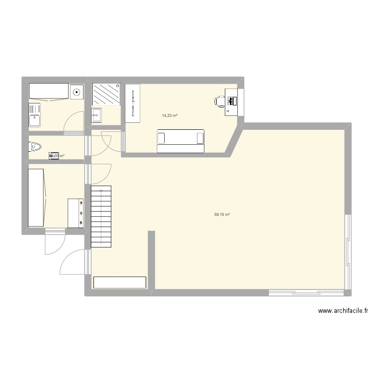 maison rdc 3. Plan de 3 pièces et 86 m2