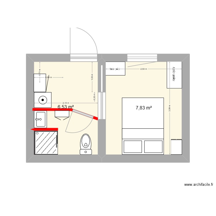 bas aménagé. Plan de 2 pièces et 14 m2