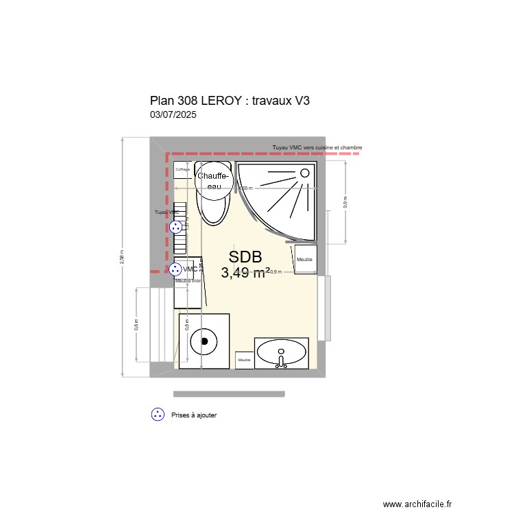 LEROY 308  travaux V2 zoom SDB. Plan de 1 pièce et 3 m2