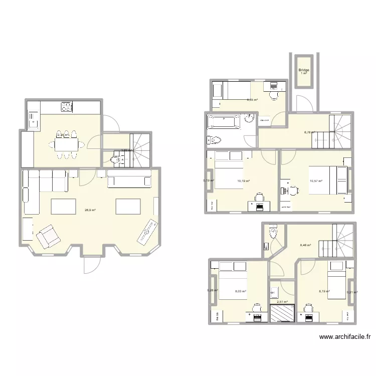 Cottage layout, bridge, two storey rear extension as bathroom and existing extension raised and protected stair version 3. Plan de 