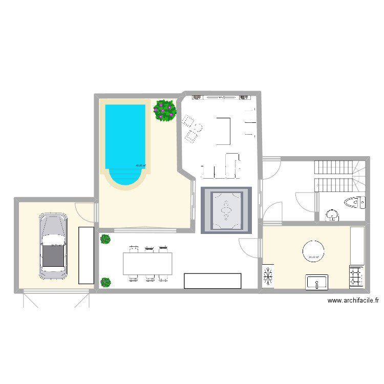 Rez de chausé. Plan de 3 pièces et 90 m2