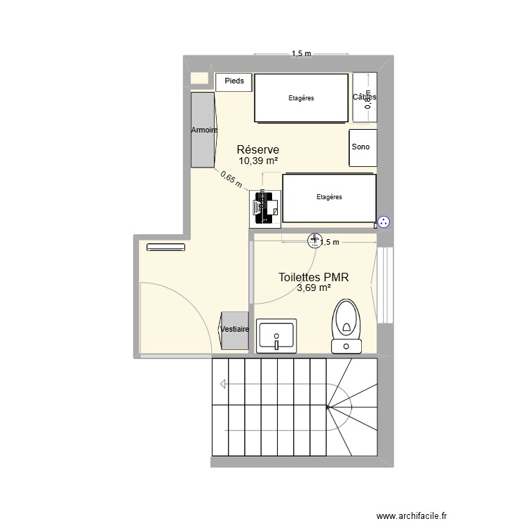 EMH toilettes réserve 2025. Plan de 3 pièces et 14 m2
