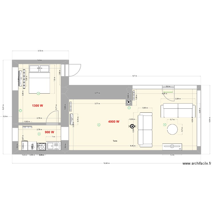 Projet petit gîte 2. Plan de 3 pièces et 47 m2