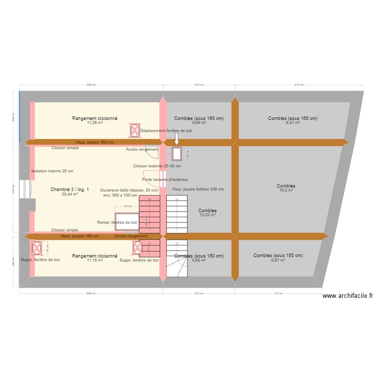 Projet Combles. Plan de 9 pièces et 108 m2