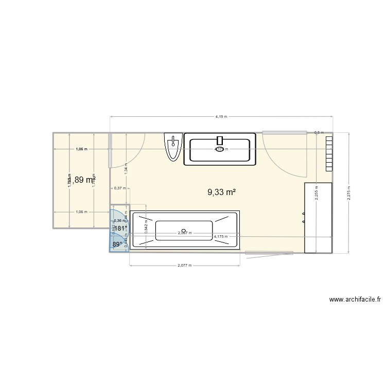 salle de bain étage. Plan de 2 pièces et 11 m2