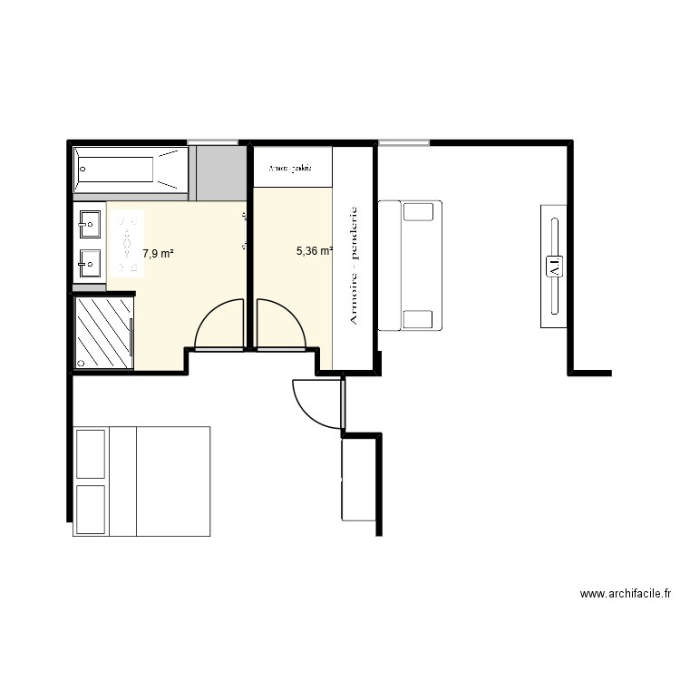Plan sdb + dressing. Plan de 2 pièces et 13 m2